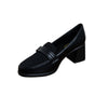 Textured Buckle Block Heel Loafers - Black