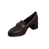 Textured Buckle Block Heel Loafers - Coffee